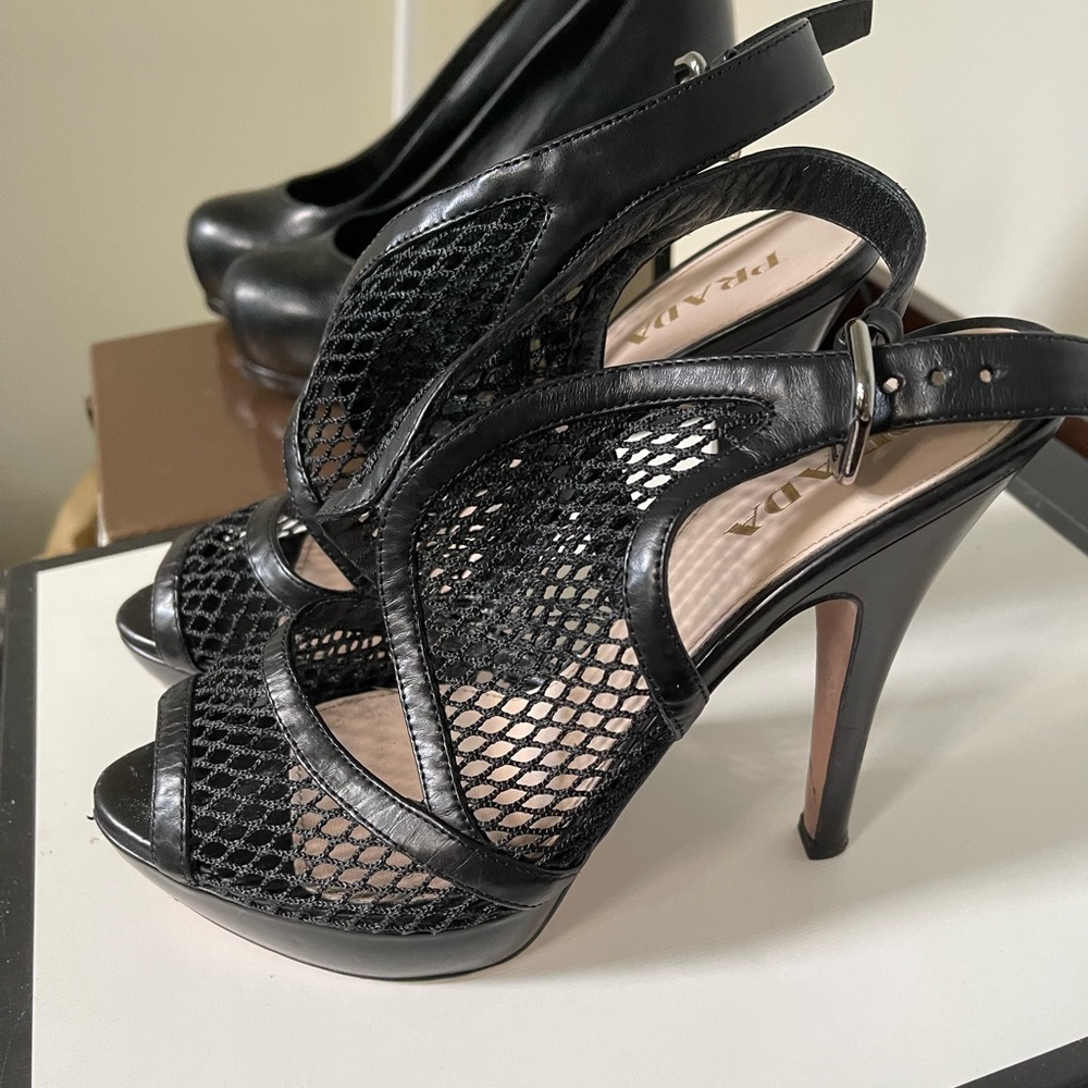 Prada Platform Slingback Sandals Black Leather & Mesh Size 38.5 Peep Toe Heel